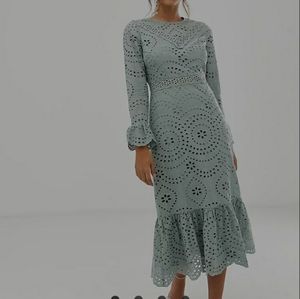 Sage Green Midi eyelet peplum ruffled sleeve dress